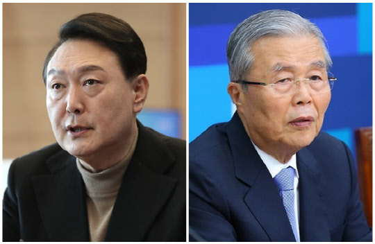 윤석열(왼쪽) 대통령 당선인과 김종인 전 국민의힘 비상대책위원장. <연합뉴스>